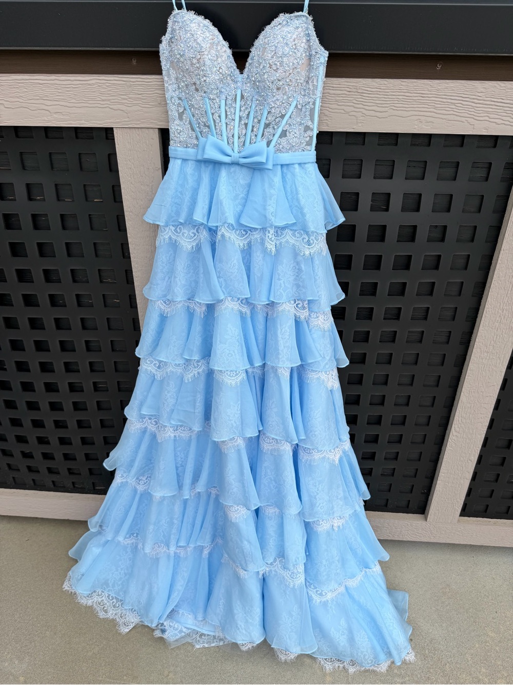 Sherri Hill Light Blue Lace & Ruffle Evening Dress
